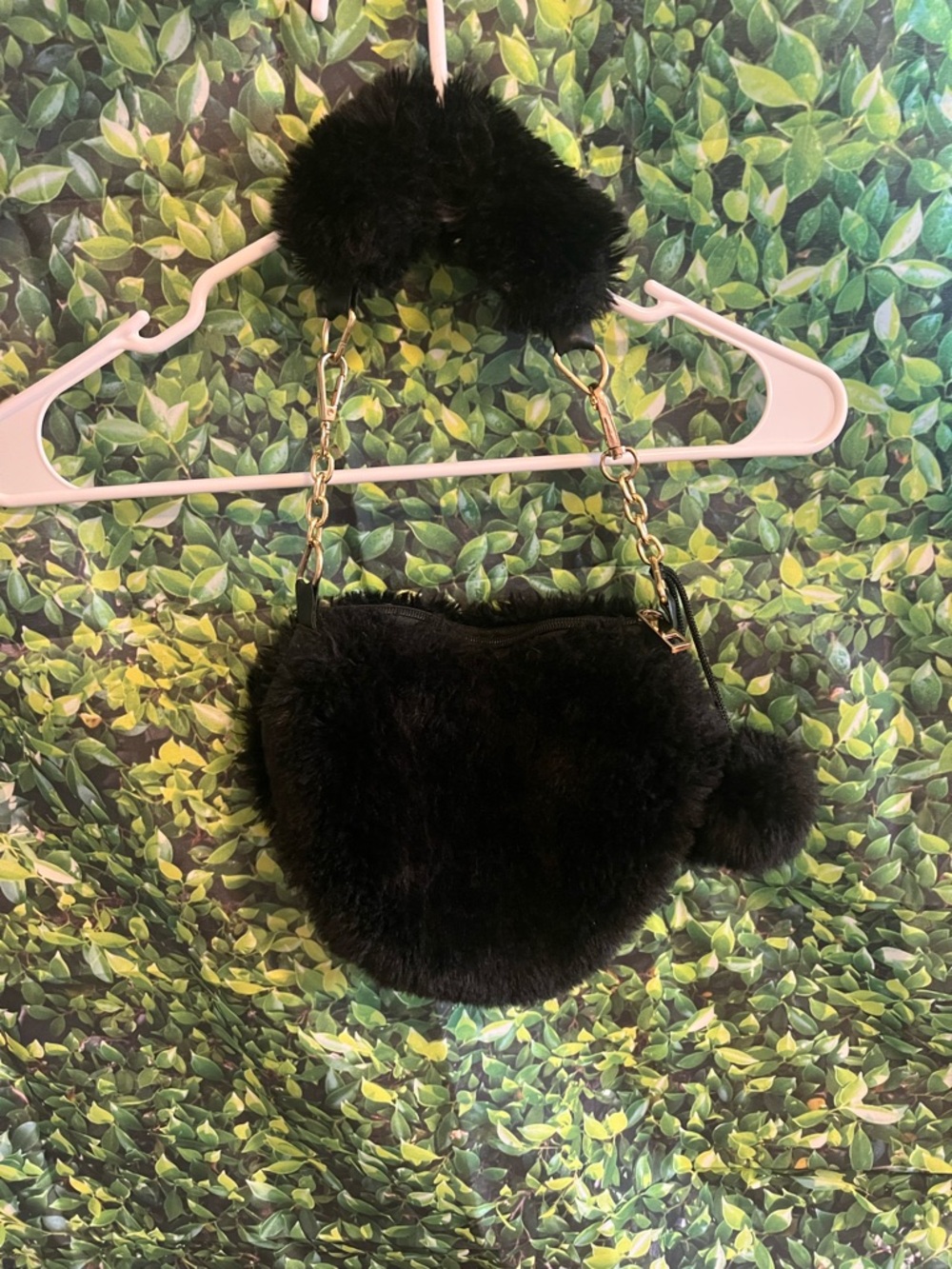 Rainbow Black Faux Fur Mini Bag with Pom-Pom and Gold Chain